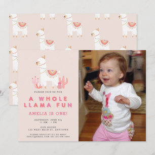 Cute Whole Llama Fun Pink First Birthday Photo Invitation