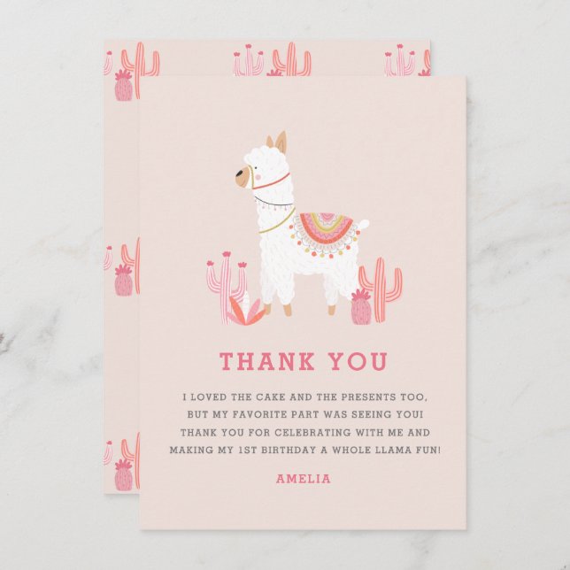 Cute Whole Llama Fun Pink First Birthday Thank You Card (Front/Back)