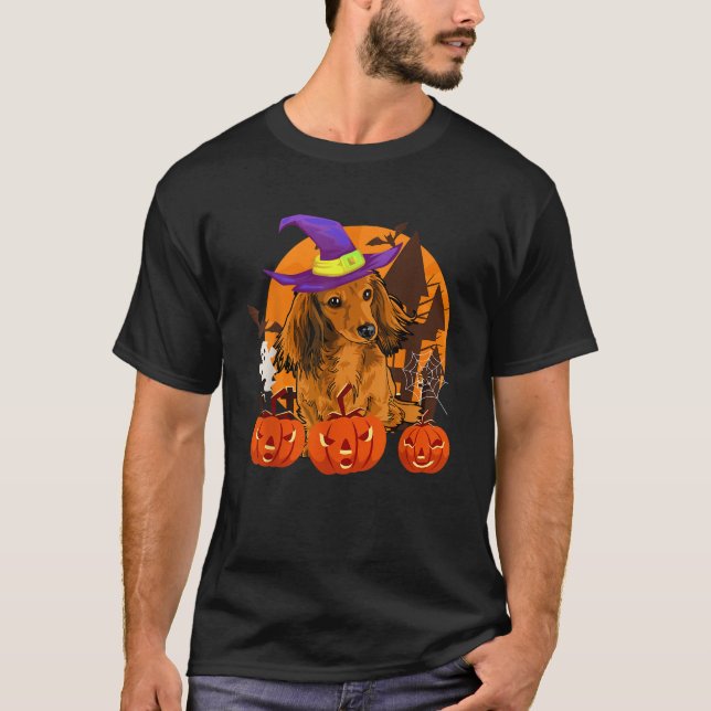 Cute Wiener Dachshund Witch Pumpkin Dog Lover Hall T-Shirt (Front)