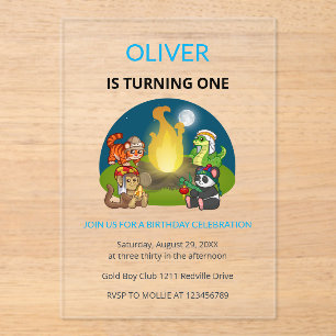 Cute Wild Animals Campfire Kids First Birthday Acrylic Invitations