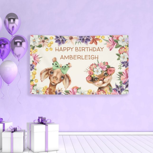 Cute Wild Animals Giraffe Flowers Happy Birthday Banner (Creator Uploaded)