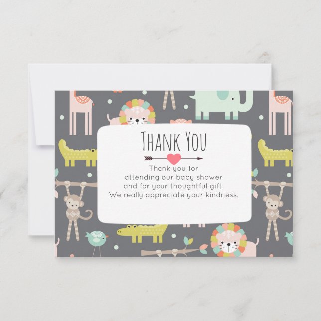 Cute Wild Animals In Pastel Baby Shower Thank You Invitation (Front)