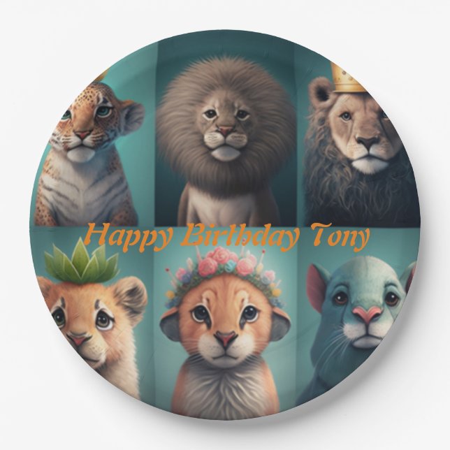 Cute wild animals wearing crowns blue    paper plate (Front)