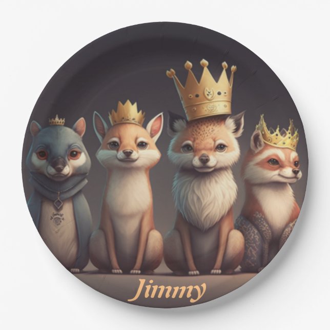 Cute wild animals wearing crowns    paper plate (Front)