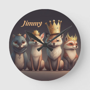 Cute wild animals wearing crowns round clock