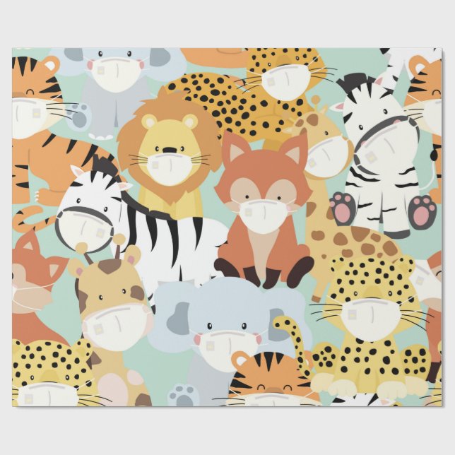 CUTE WILD ANIMALS WEARING MASKS Wrapping Paper (Flat)
