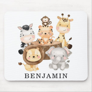 Cute Wild Baby Safari Animals Custom Monogram Name Mouse Pad