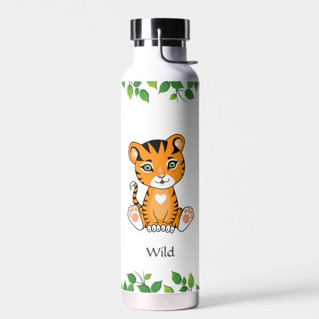 Cute Wild Baby Tiger on White Water Bottle (Left)