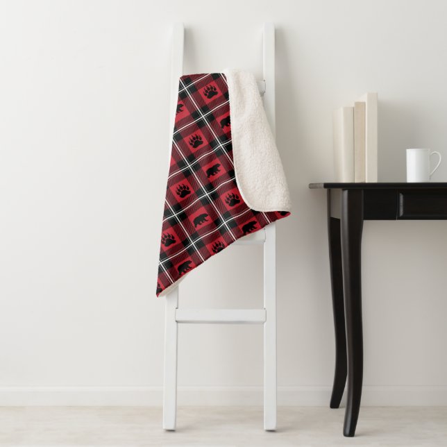 Cute Wild Bear and Paw Red Black & White Flannel Sherpa Blanket (In Situ)