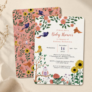 Cute Wild Flower and Birds Tea Party Baby Shower Invitation