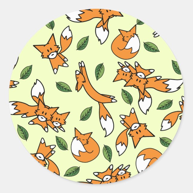 Cute Wild Fox and Leaf Pattern Classic Round Sticker (Front)