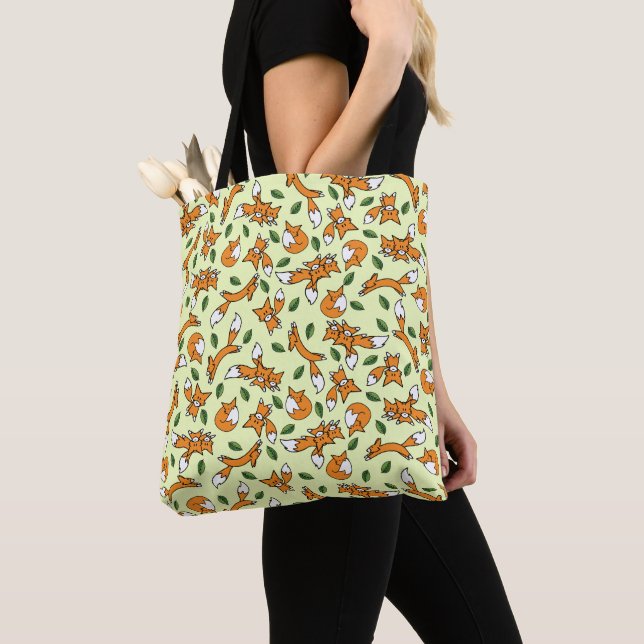 Cute Wild Fox and Leaf Pattern Tote Bag (Close Up)