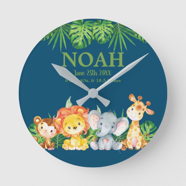 Cute Wild Jungle Animals Boy Kids Nursery Décor Round Clock (Front)