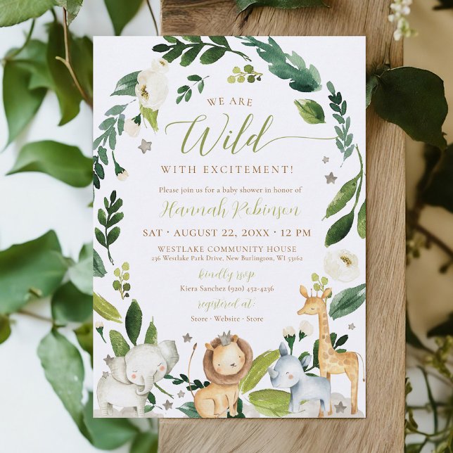 Cute Wild Jungle Safari Animals Boy Baby Shower Invitation (WILD with Excitement cute watercolor greenery wreath jungle safari animals baby boy shower invite)