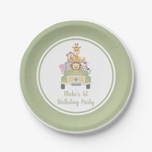 Cute Wild One Animal Safari 1st Birthday Party Paper Plate (Front)