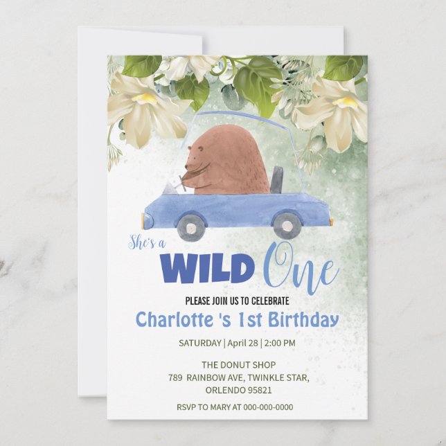 Cute Wild One Bear Animals Car 1st Birthday party Invitation (Front)
