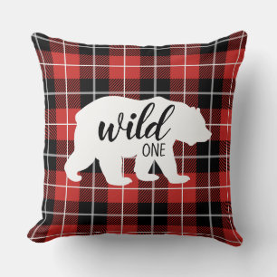 Cute Wild One Bear Flannel Plaid Pattern Cushion