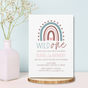 Cute Wild ONE Boho Rainbow Pink Girl Birthday 1st  Invitation