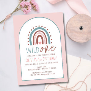 Cute Wild ONE Boho Rainbow Pink Girl Birthday 1st  Invitation