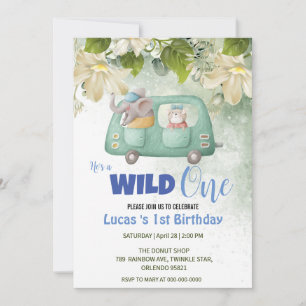 Cute Wild One Elephant Car 1st Birthday party Invitation