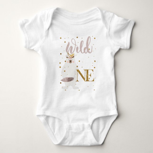 Cute Wild One Girl Glitter White Bear Baby Bodysuit (Front)