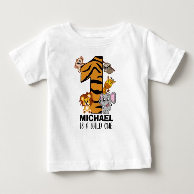 Cute Wild One Jungle Animals Safari First Birthday Baby T-Shirt (Front)