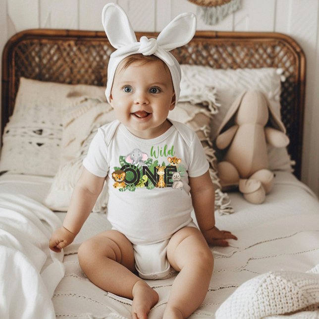 Cute Wild One Jungle Safari Animals First Birthday Baby Bodysuit (Creator Uploaded)