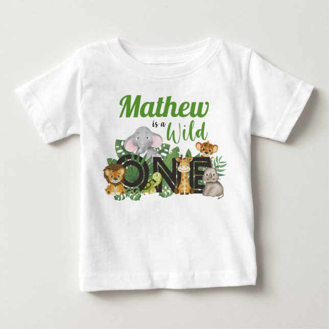 Cute Wild One Jungle Safari Animals First Birthday Baby T-Shirt (Front)