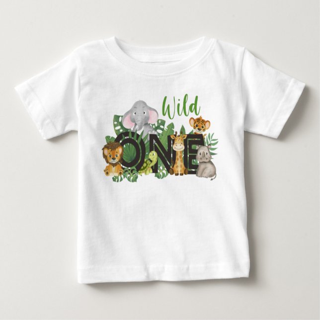 Cute Wild One Jungle Safari Animals First Birthday Baby T-Shirt (Front)
