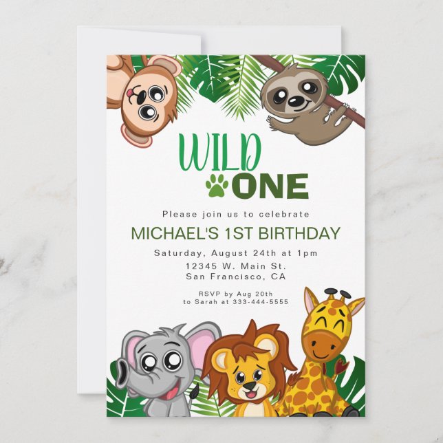 Cute Wild One Jungle Safari Animals First Birthday Invitation (Front)