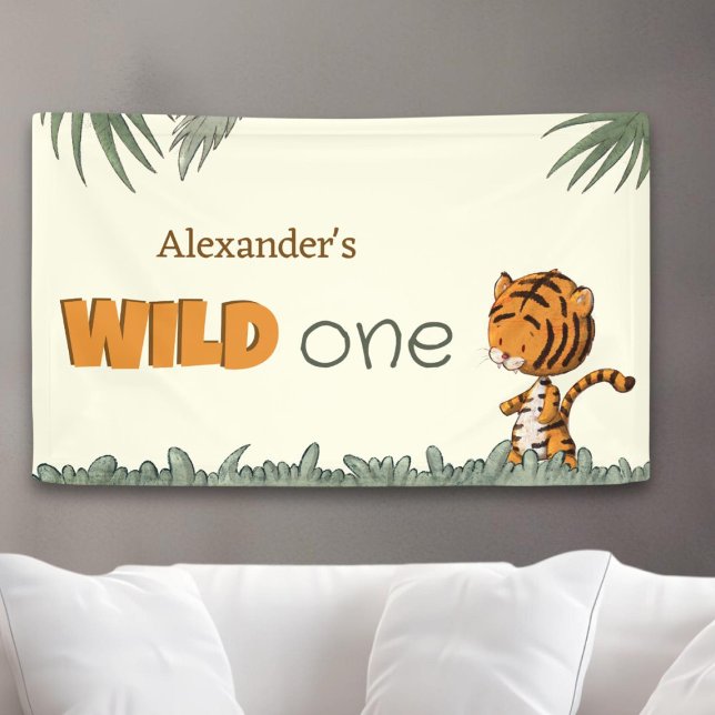 Cute Wild One Jungle Safari Greenery Birthday Banner (Creator Uploaded)