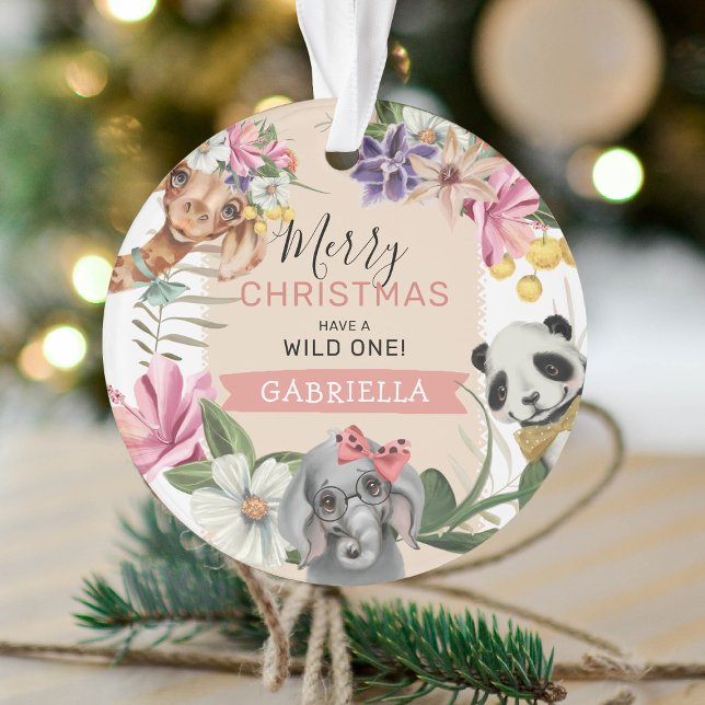 Cute Wild One Pink Jungle Kids Photo Christmas Ornament (Creator Uploaded)