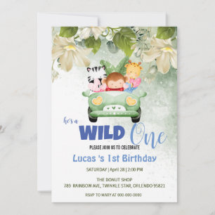 Cute Wild One Safari Animal love Car 1st Birthday Invitation