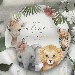 Cute Wild One Safari Baby Animals Girl Shower Paper Plate