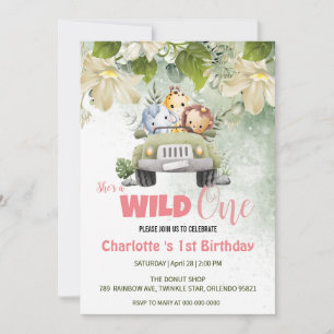 Cute Wild One safari baby cub 1st Birthday floral Invitation