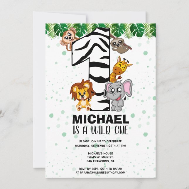 Cute Wild One Safari Jungle Animals First Birthday Invitation (Front)