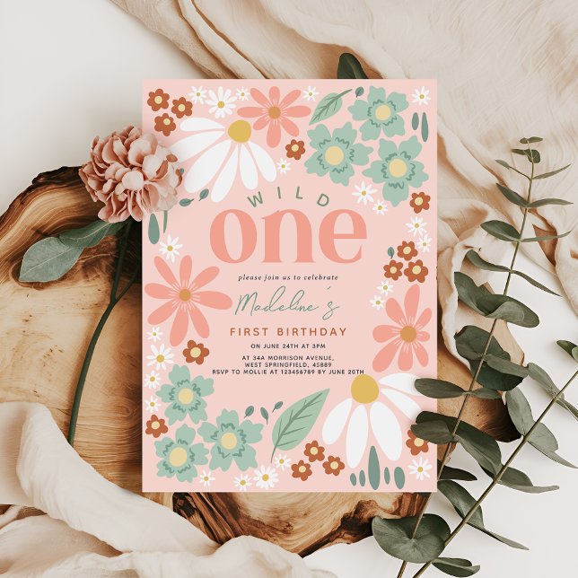 Cute Wild One Wildflower Daisy Girls 1st Birthday Invitation (Creator Uploaded)