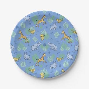 Cute Wild Safari Animals Baby Shower Blue Paper Plate