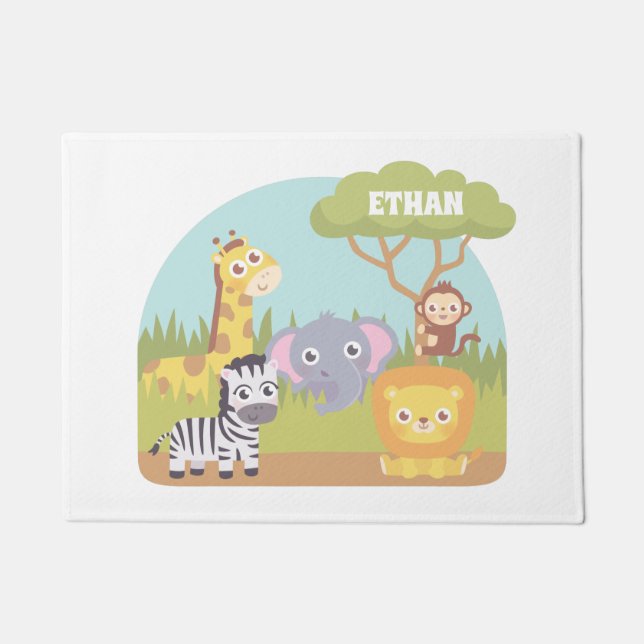 Cute Wild Safari Animals Kids Room Personalised Doormat (Front)