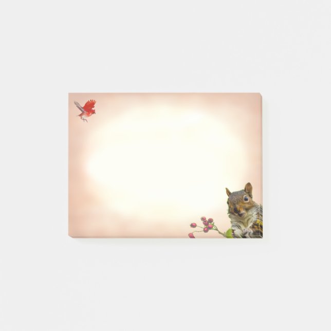 Cute Wild Squirrel & Little Bird on Beige Post-it Notes (Front)