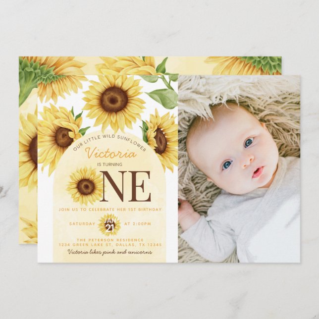 Cute Wild Sunflower turning ONE 1st Birthday Party Invitation (Front/Back)