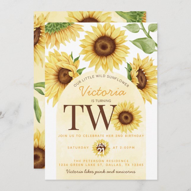 Cute Wild Sunflower turning TWO 2nd Birthday Party Invitation (Front/Back)