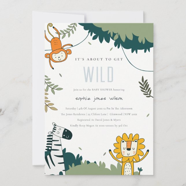 Cute Wild Tropic Jungle Animals Baby Shower Invite (Front)