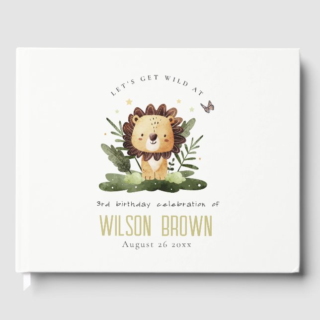 Cute Wild Tropical Jungle Animal Lion Birthday Guest Book (Front)