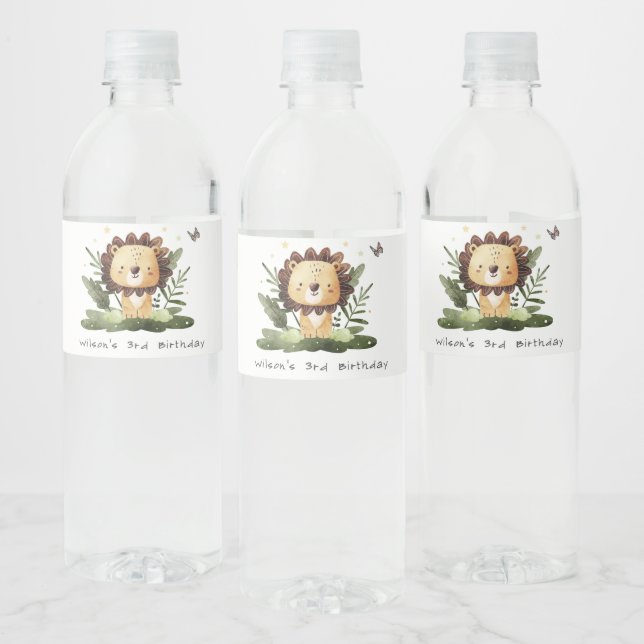 Cute Wild Tropical Jungle Animal Lion Birthday Water Bottle Label (Bottles)