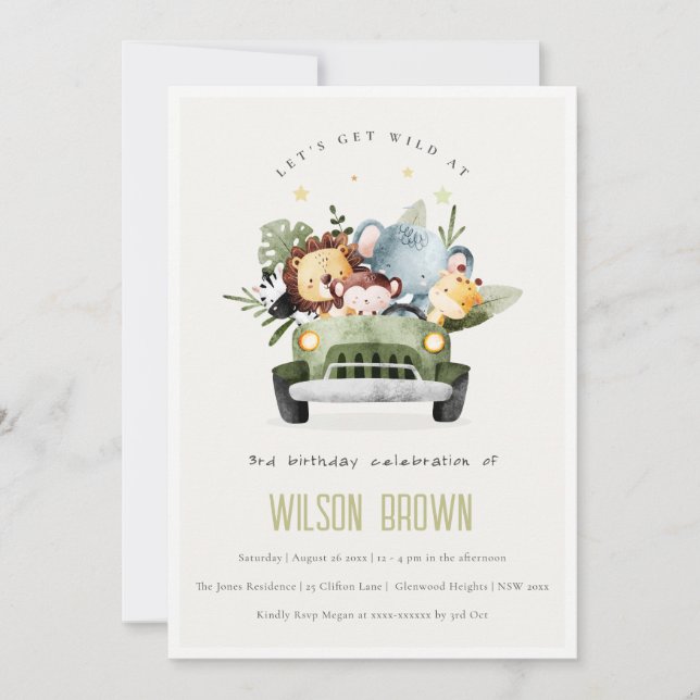 Cute Wild Tropical Jungle Animals in Car Birthday Invitation (Front)