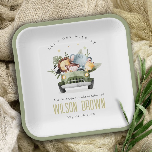 Cute Wild Tropical Jungle Animals in Car Birthday Paper Plate (Creator Uploaded)