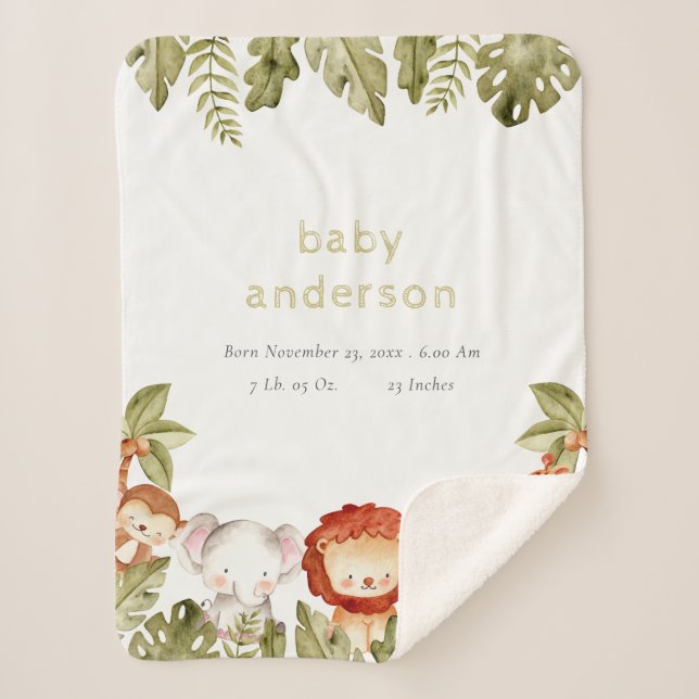 Cute Wild Tropical Safari Animals Baby Birth Stats Sherpa Blanket (Front)