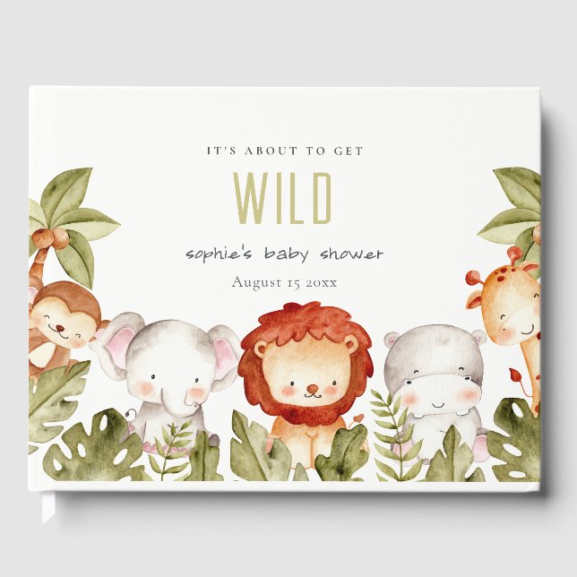 Cute Wild Tropical Safari Animals Baby Shower Guest Book (Front)