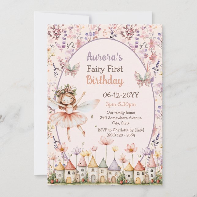 Cute Wildflowers baby girl Fairy First birthday Invitation (Front)